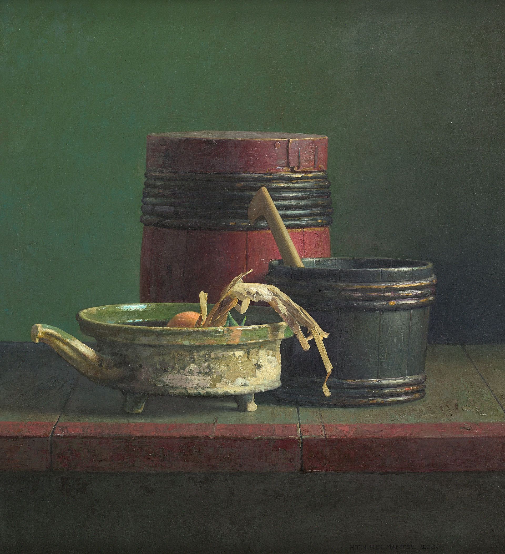 Henk Helmantel schilderij, Stilleven met rode ton, 2000