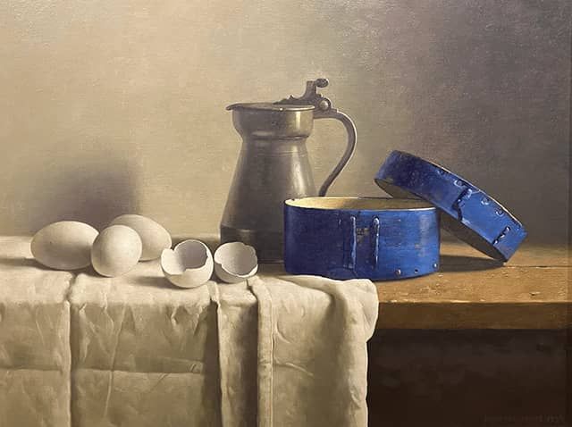 Henk Helmantel schilderij 1998 Stilleven met tinnen kan en eieren