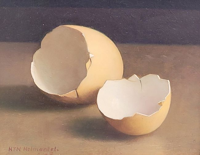 Henk Helmantel schilderij 2008 Stilleven met twee eierschalen