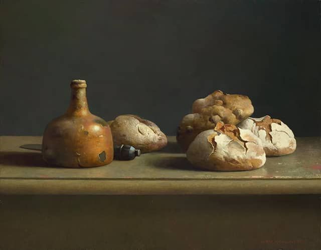 Henk Helmantel schilderij 2021 Stilleven met wijnfles en brood