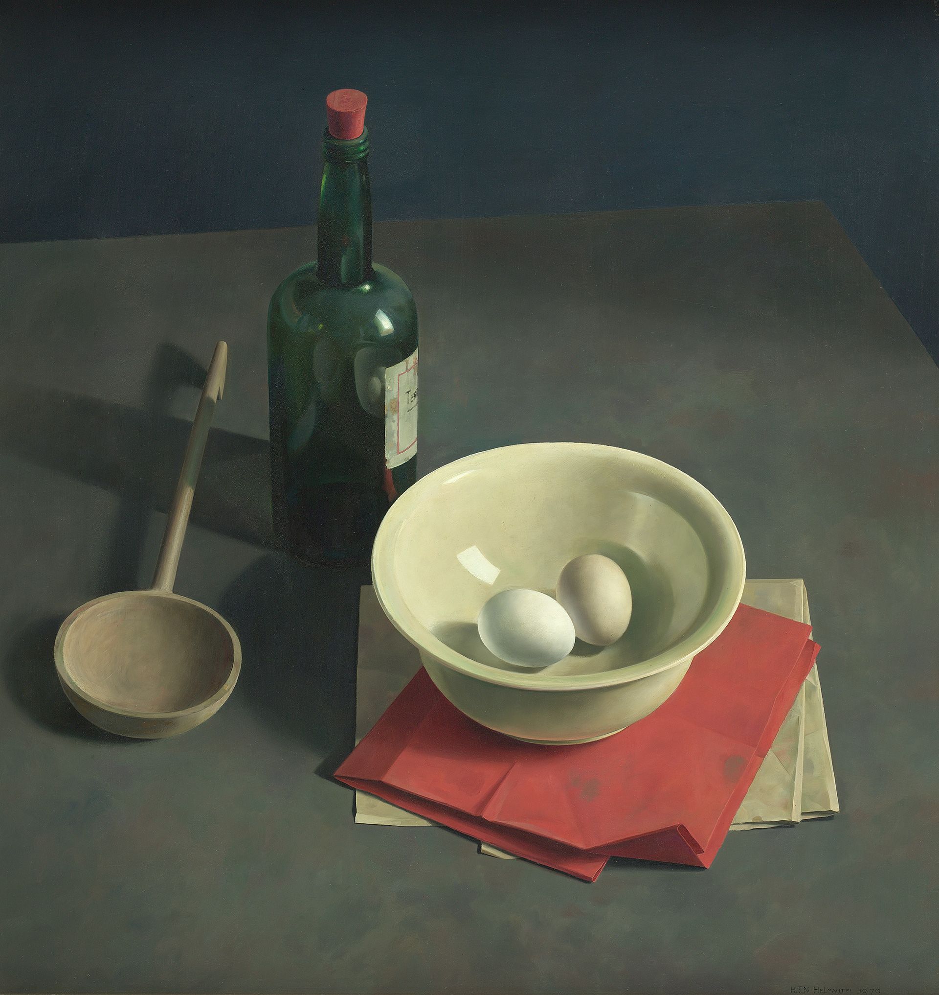Henk Helmantel schilderij, Vloercompositie met eieren in kom, 1970