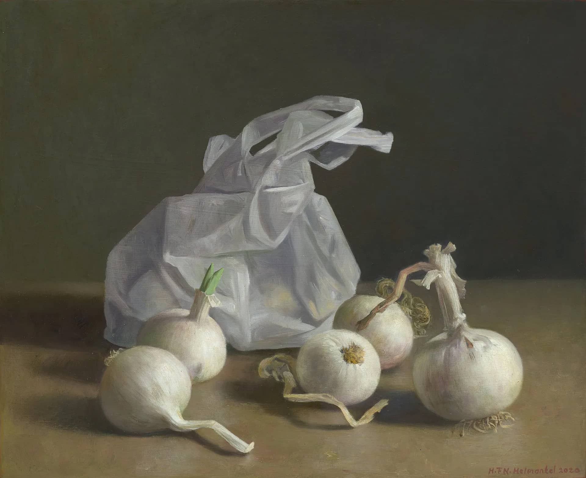 Henk Helmantel schilderij 2020 Witte uien bij plastic zak