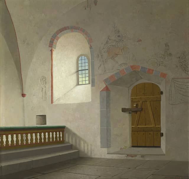 Henk Helmantel schilderij 2021 Zuidmuur met deur in de kerk Bäl op Gotland