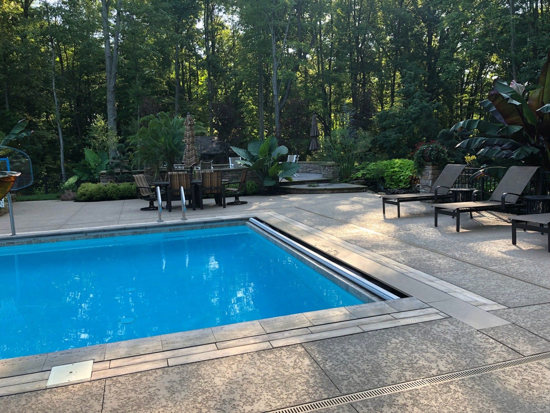 A large swimming pool surrounded by chairs and trees