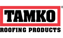 TAMKO Roofing Products logo in black text on a red-and-white background