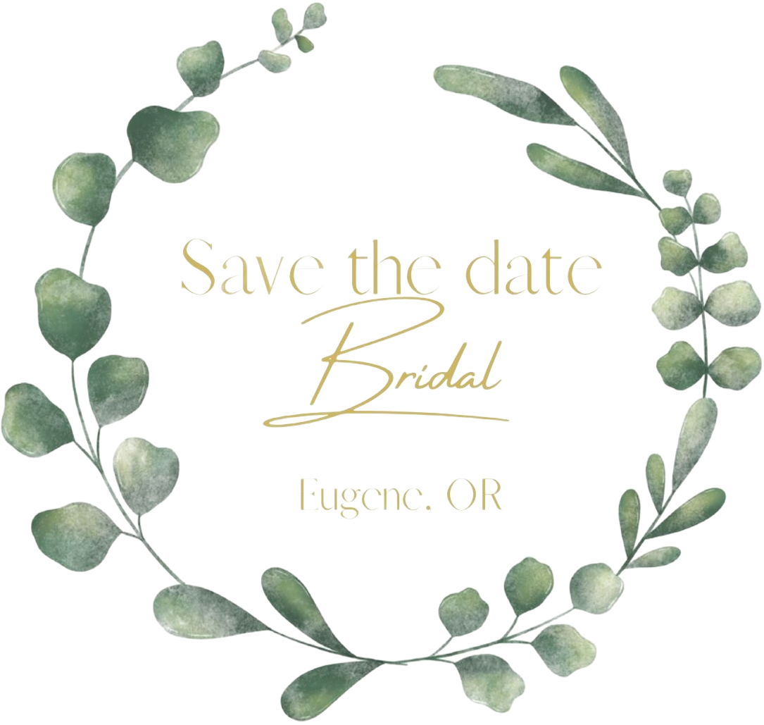 Save the date card: gold text within a green watercolor eucalyptus wreath; 
