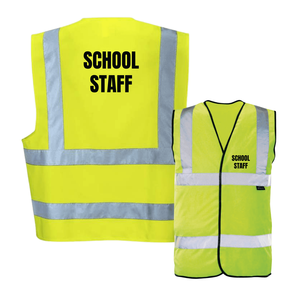 Hi vis vest with 'SCHOOL STAFF' printed on front and back