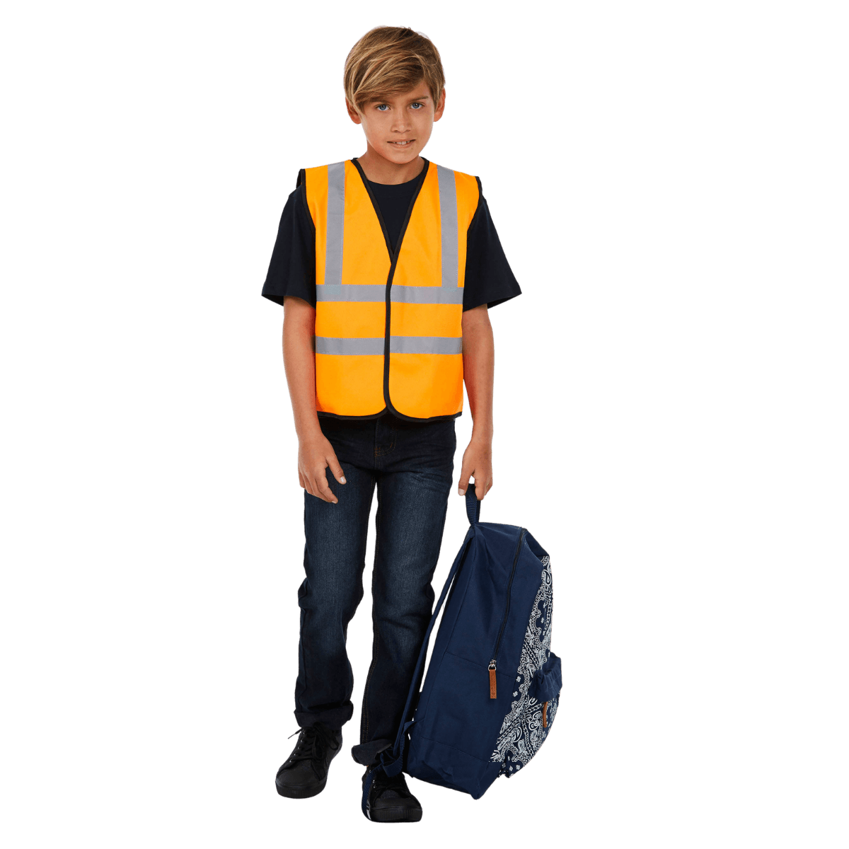 Young school  box wearing a high visibility vest and carrying a school bag