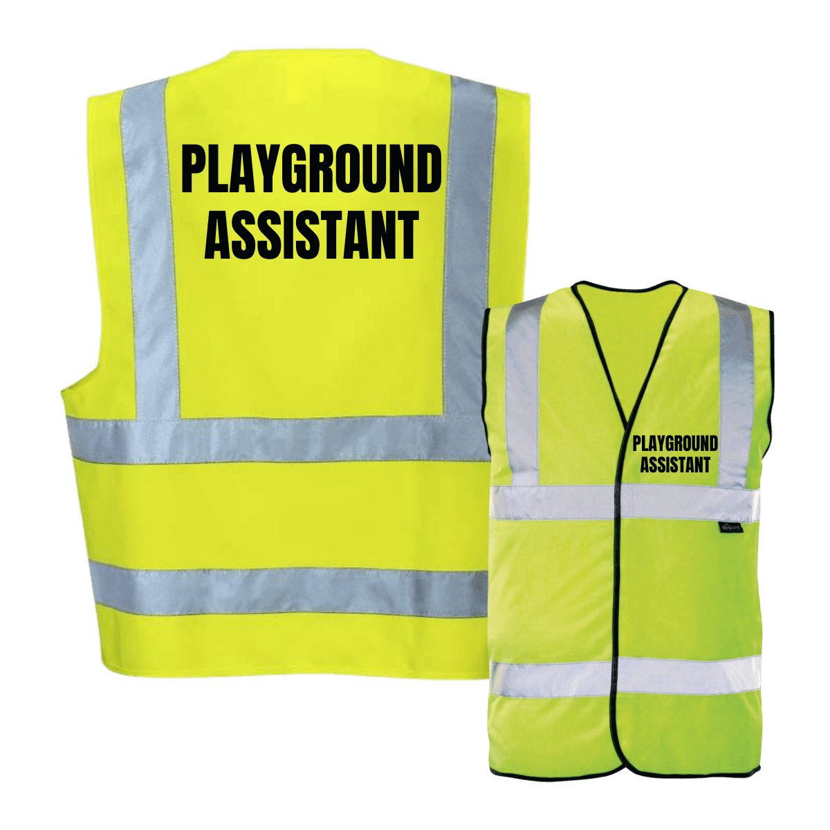 Hi vis vest with 'PLAGROUND ASSISTANT' printed on front and back