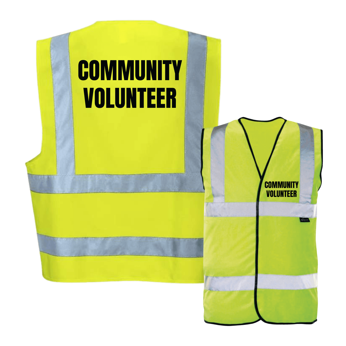 Hi vis vest with 'COMMUNITY VOLUNTEER' printed on front and back