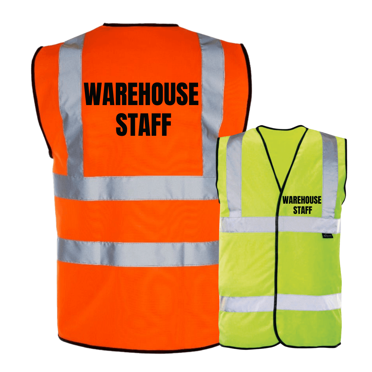 Hi vis vest with 'WAREHOUSE STAFF' printed on front and back