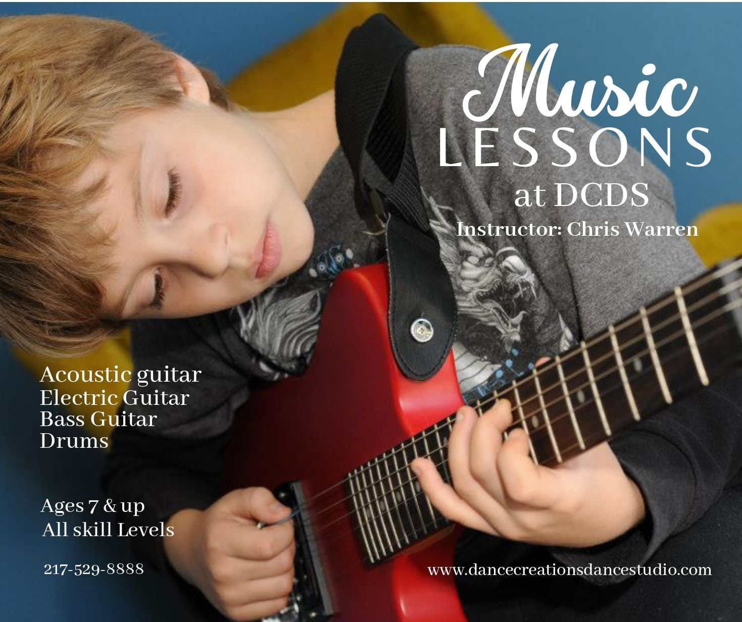 Boy playing a red electric guitar; advertisement for music lessons at DCDS, including acoustic, electric, and bass guitar, and drums. Instructor: Chris Warren.