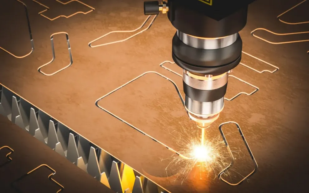 A laser cutting machine is cutting a piece of metal.