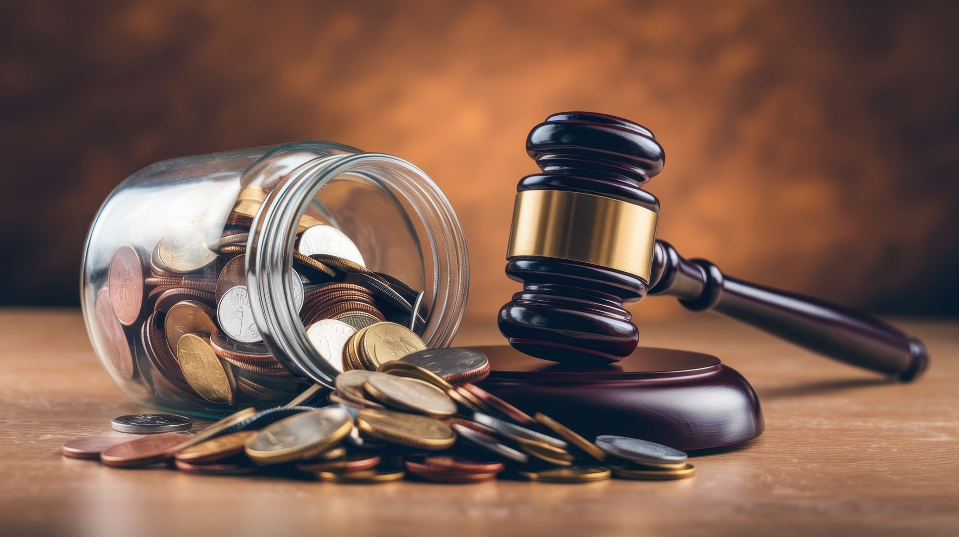 Gavel rests near a jar of coins symbolizing legal financial issues. Gavel rests near a jar of coins symbolizing legal financial issues.
