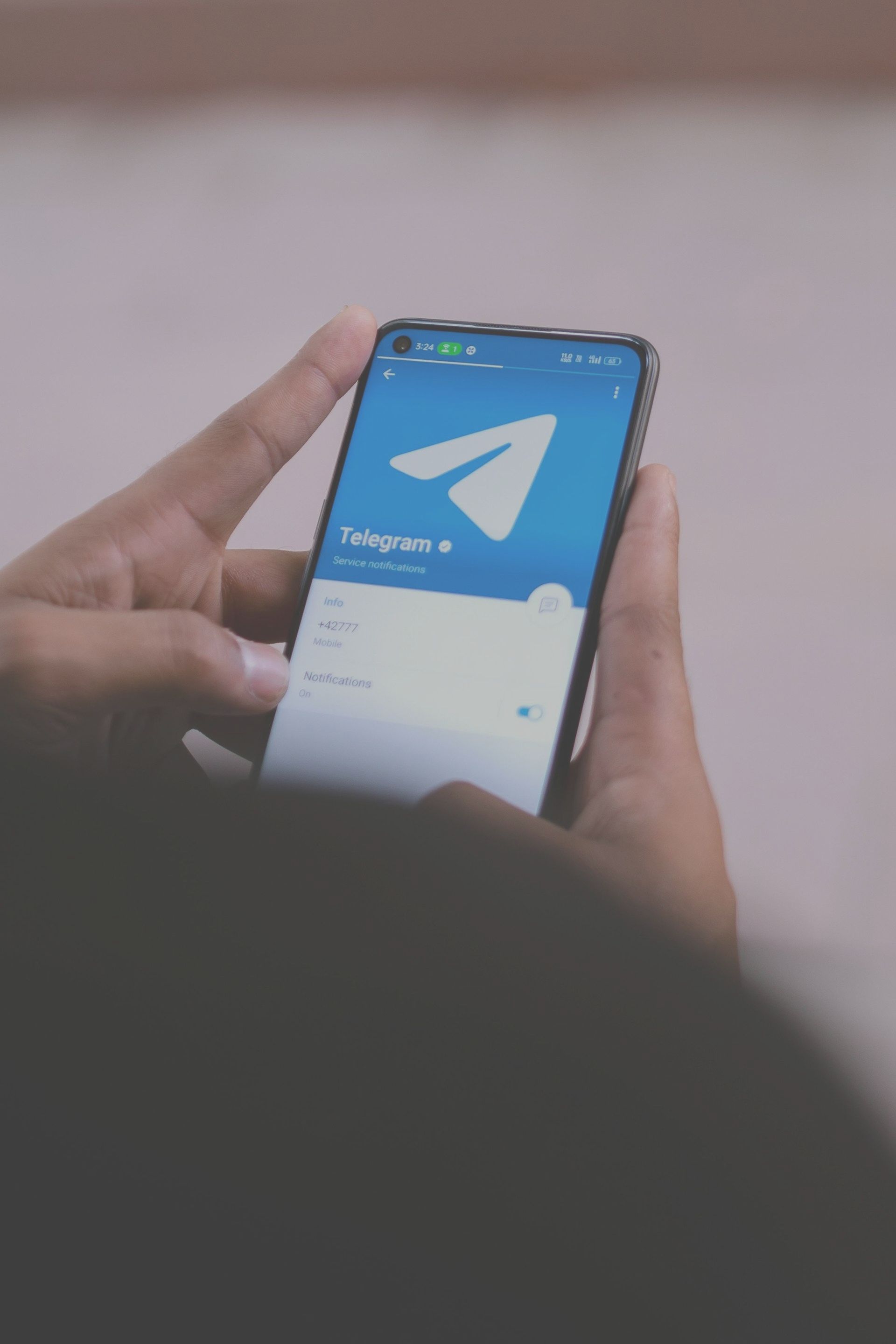 Person holding a phone with the Telegram App displayed