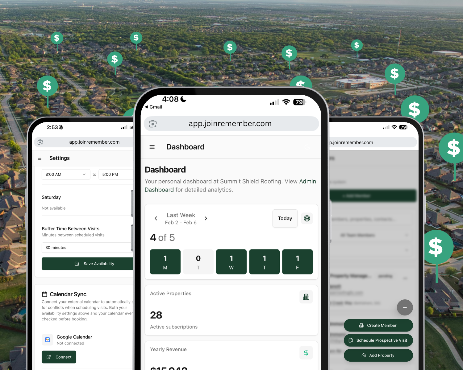 Three mobile phones displaying an app dashboard with green elements, overlaid on a city landscape with dollar sign icons.