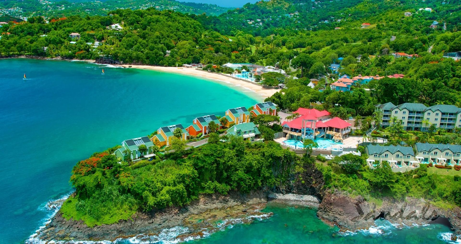 Aerial view of the cove at Sandals Regency La Toc.