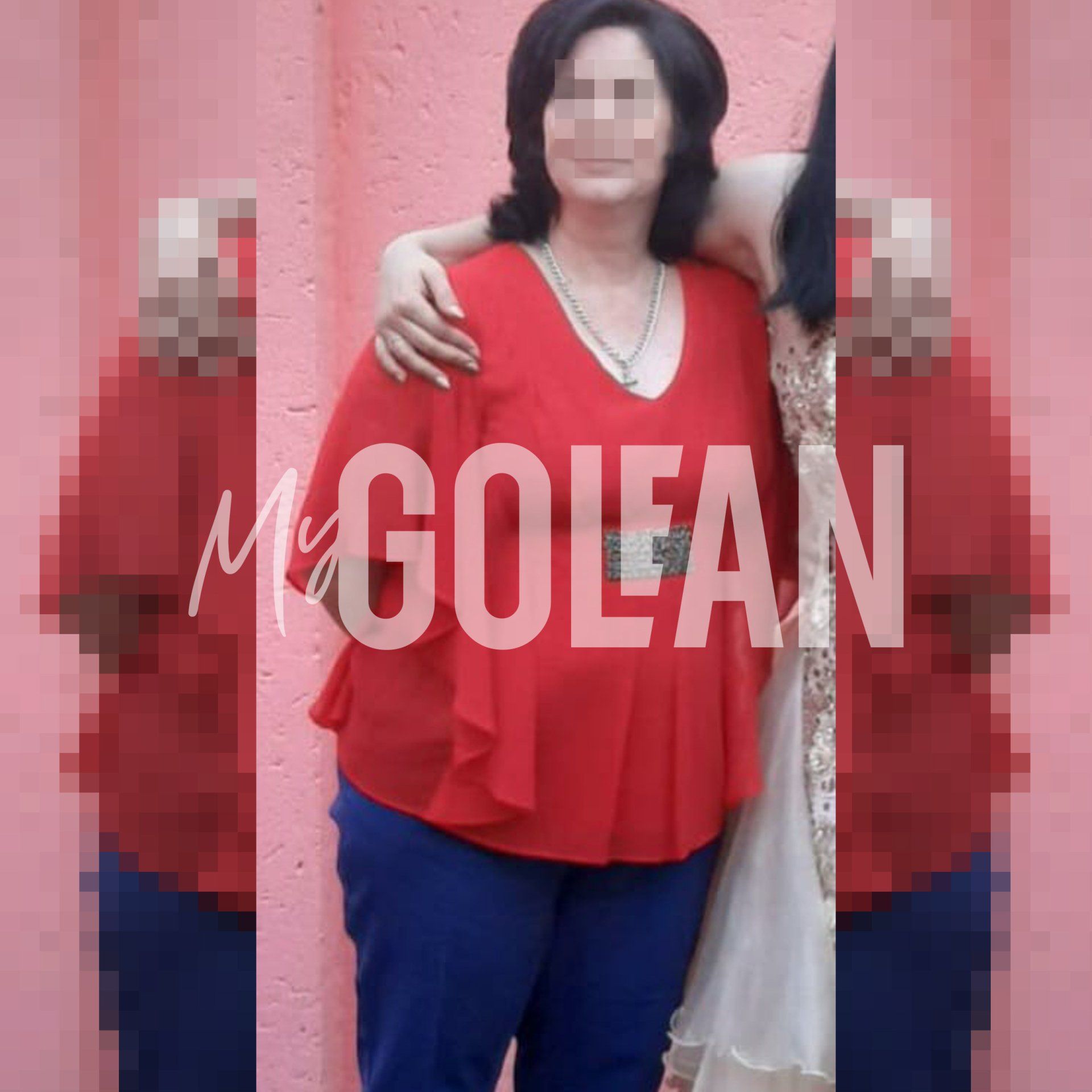 A woman in a red top is standing next to another woman with the name mcgolean on the bottom