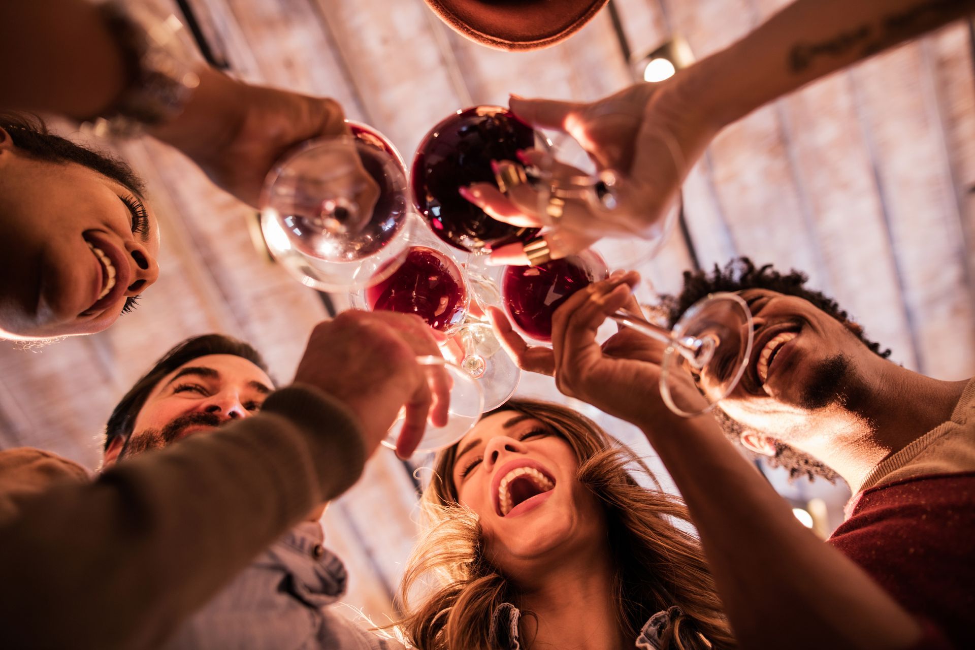 A group of people are toasting with wine glasses at a party.