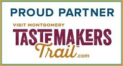 Proud partner logo for Visit Montgomery Tastemakers Trail.com in blue, maroon, and gold
