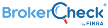 BrokerCheck logo by FINRA: Blue text with magnifying glass icon; red handle, dark blue circle.