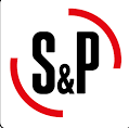 El logotipo de S&P es negro y rojo con un círculo rojo alrededor.