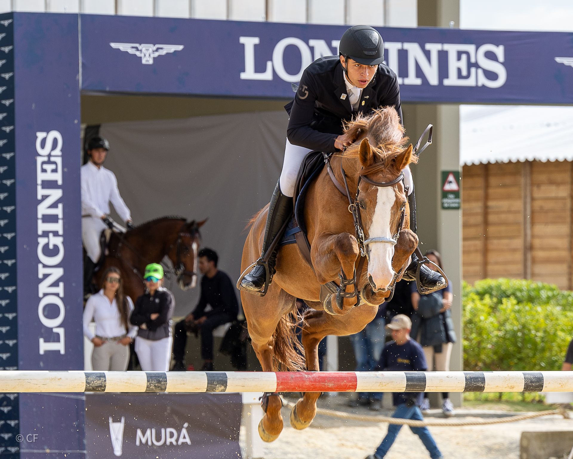 A man is riding a horse over a hurdle in front of a longines sign