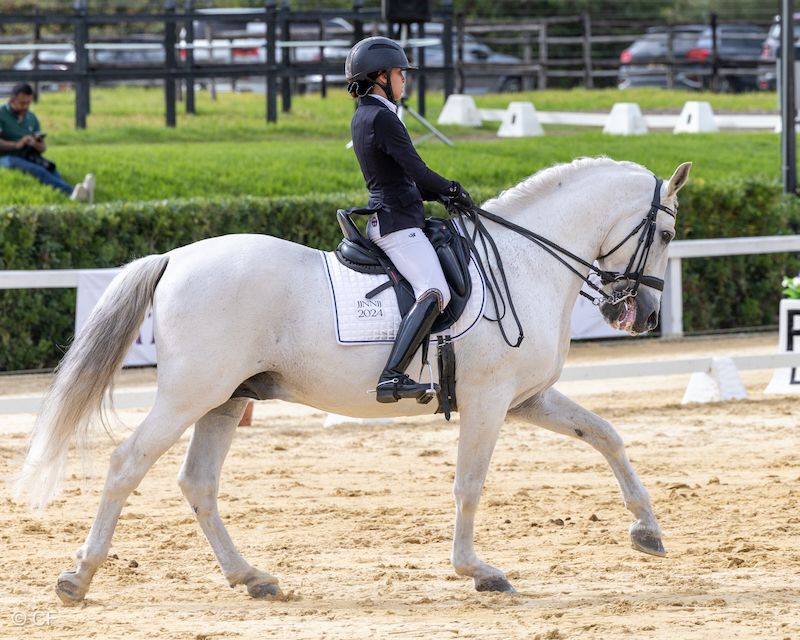 A woman is riding a white horse on a dirt track.