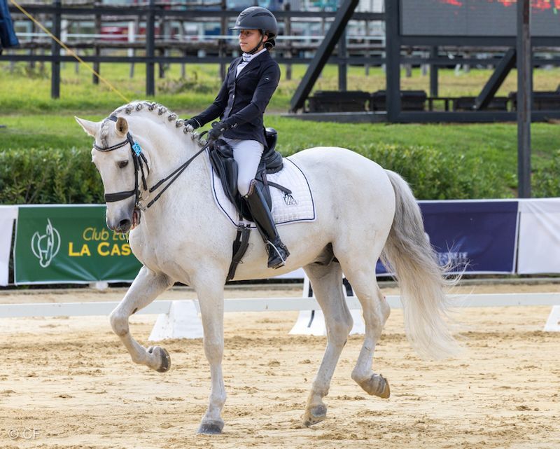 A woman is riding a white horse on a dirt track.