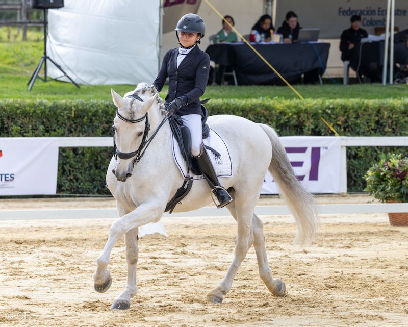 A woman is riding a white horse on a dirt track