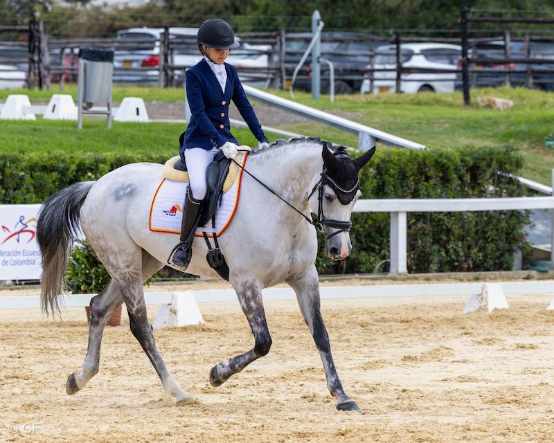 A woman is riding a horse on a dirt track.