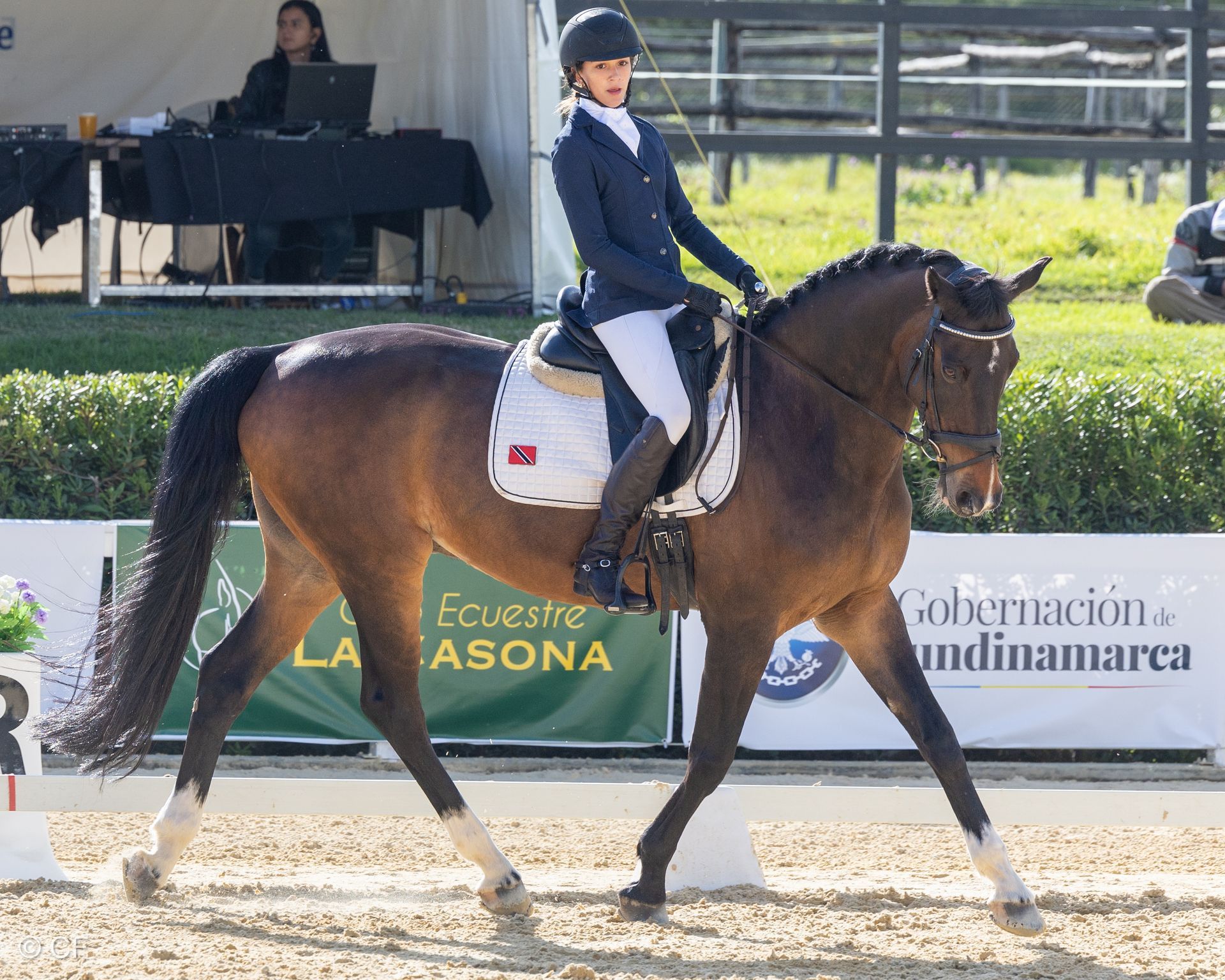 a young girl is riding a black horse