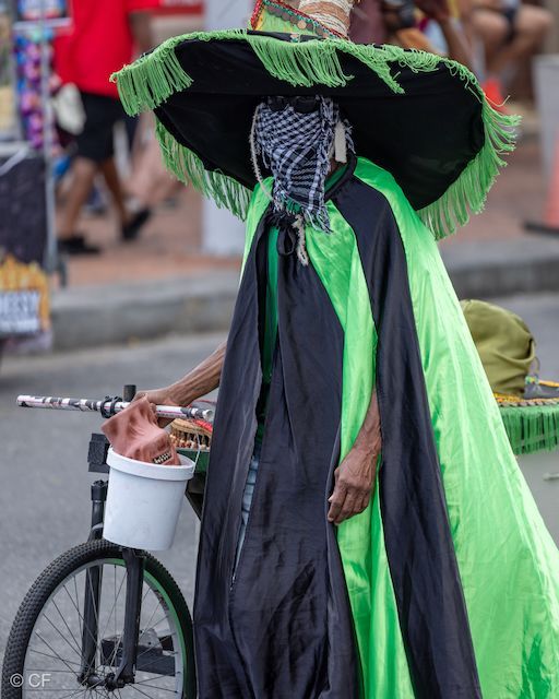 A man wearing a green cape and a black hat is standing next to a bicycle