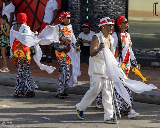 A group of people are walking down the street in a parade