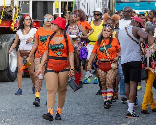A group of people are walking down a street in front of a truck that says sound