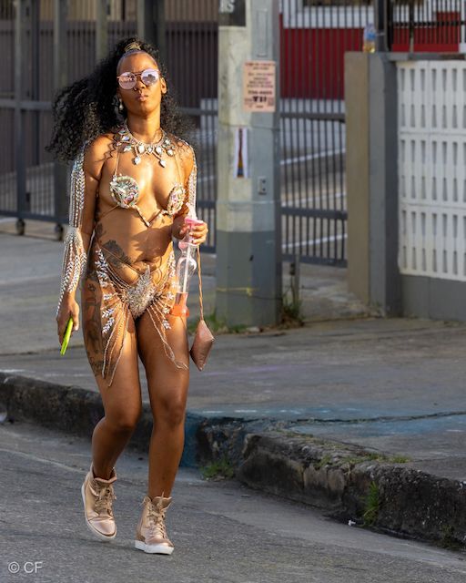 A woman in a bikini is walking down the street.