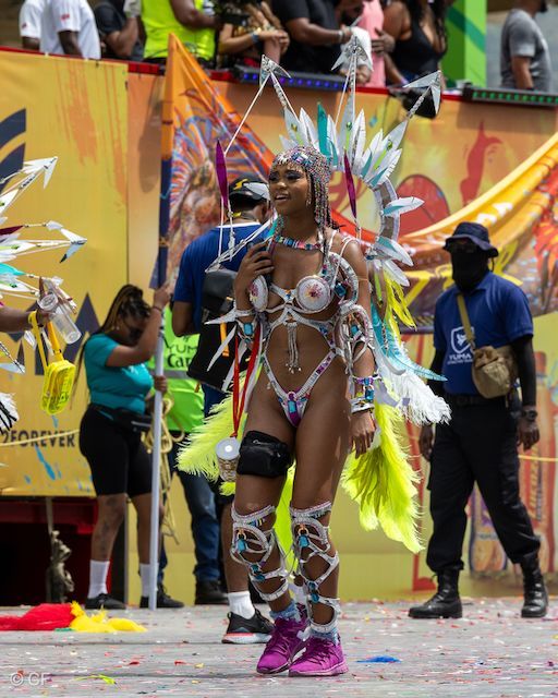 A woman in a carnival costume stands in front of a crowd