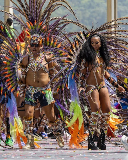 A man and a woman are dancing in a carnival parade.