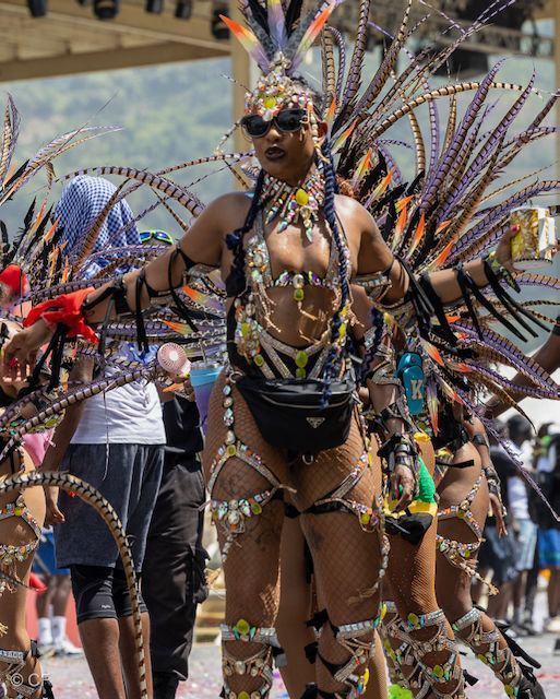A group of people are dancing in a carnival parade.