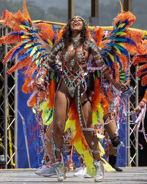 A woman in a colorful costume is standing on a stage.
