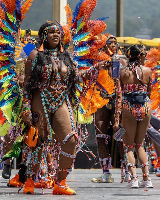 A group of people in colorful costumes are walking down a street