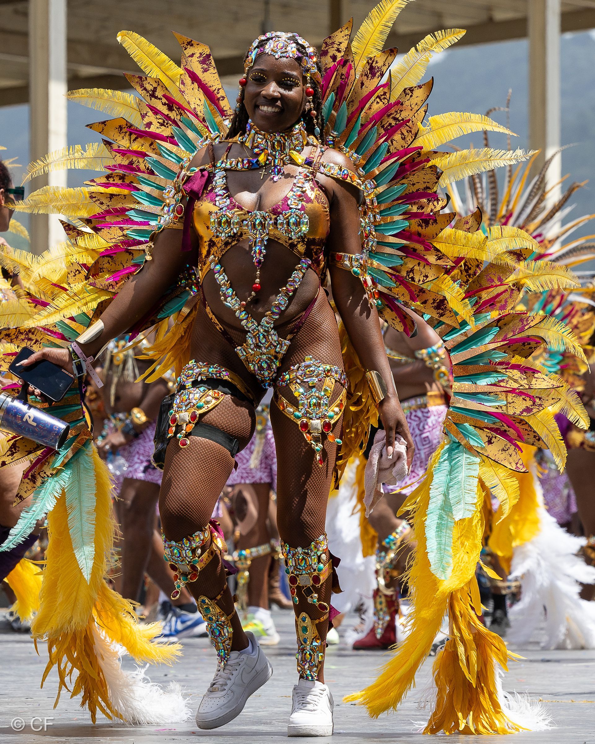 A woman in a colorful costume is walking in a parade