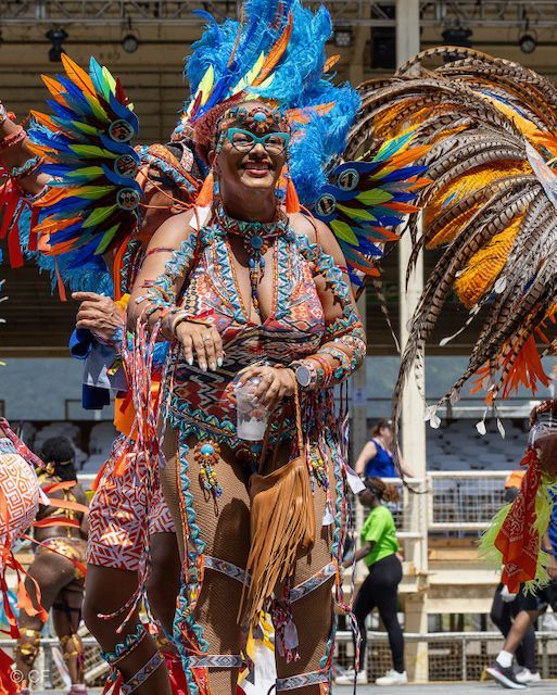 A woman in a colorful costume is holding a glass of water.