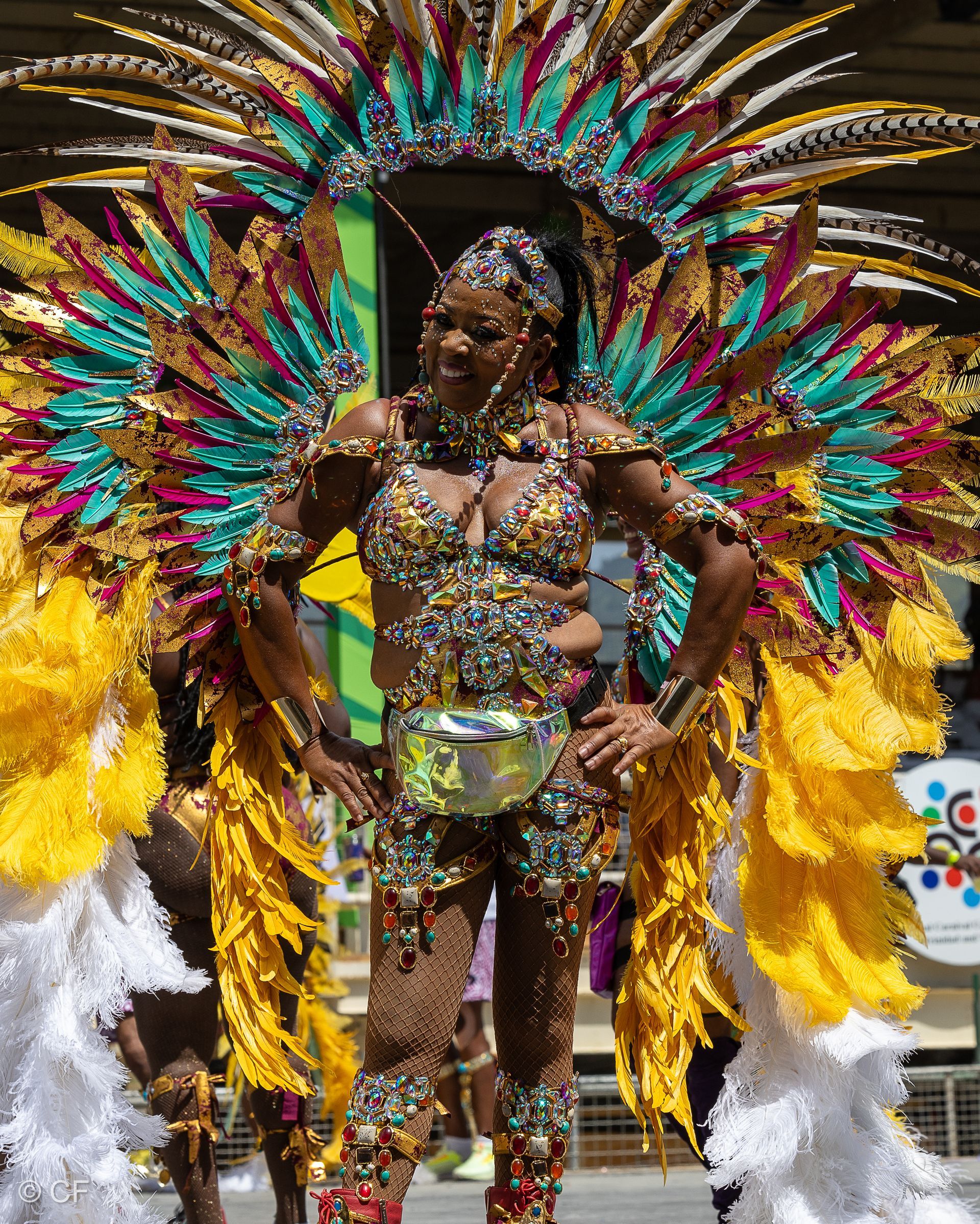 A woman in a colorful costume is standing with her hands on her hips.