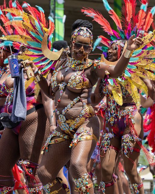 A group of women in colorful costumes are dancing in a parade.