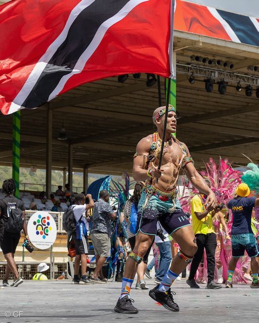 A man is holding a red white and black flag in a parade.