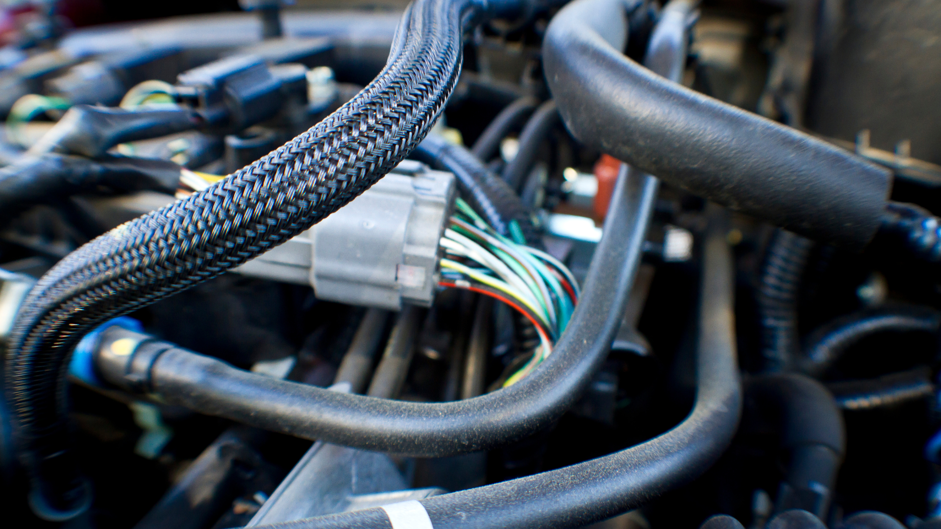 A close up of a car engine with a bunch of wires coming out of it.