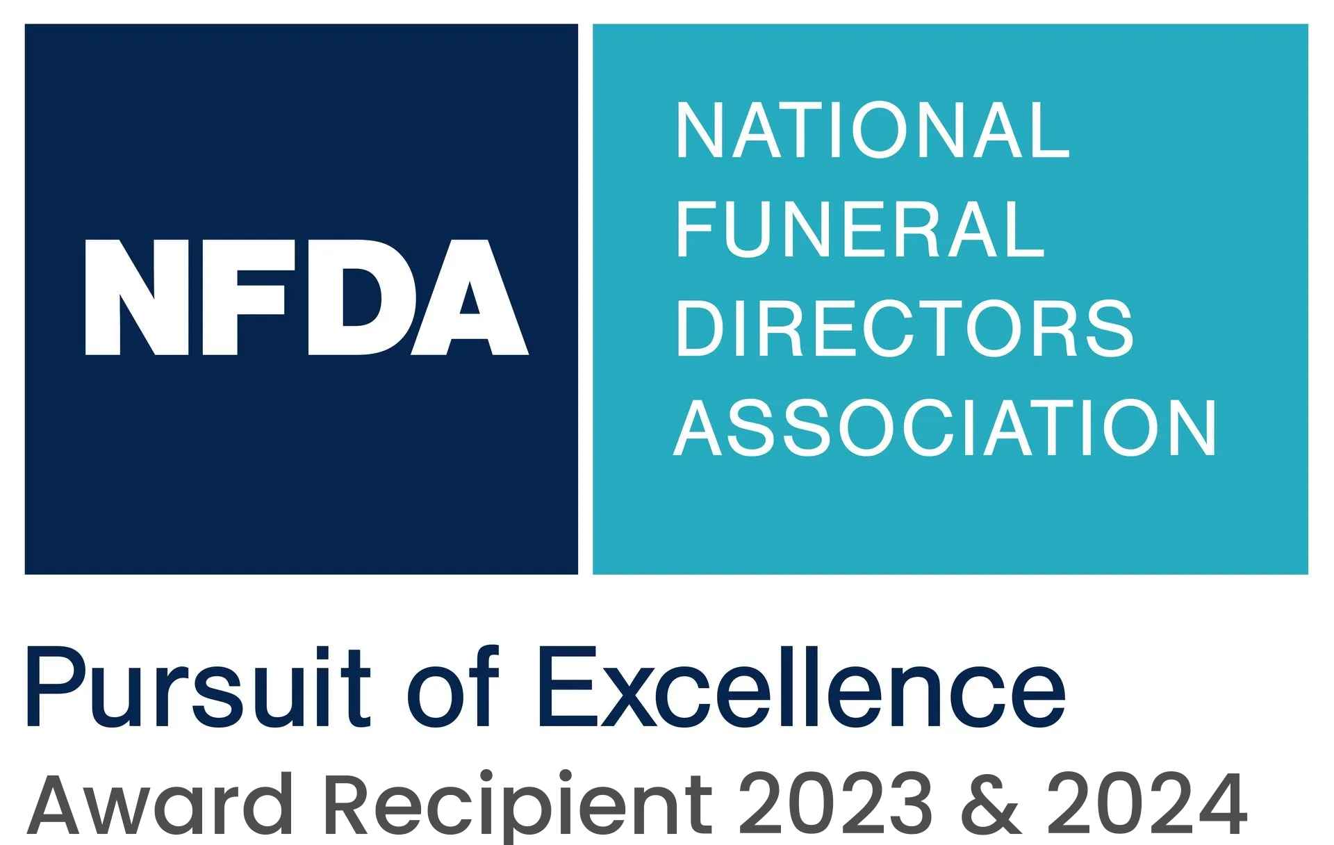 The logo for the national funeral directors association is blue and white.