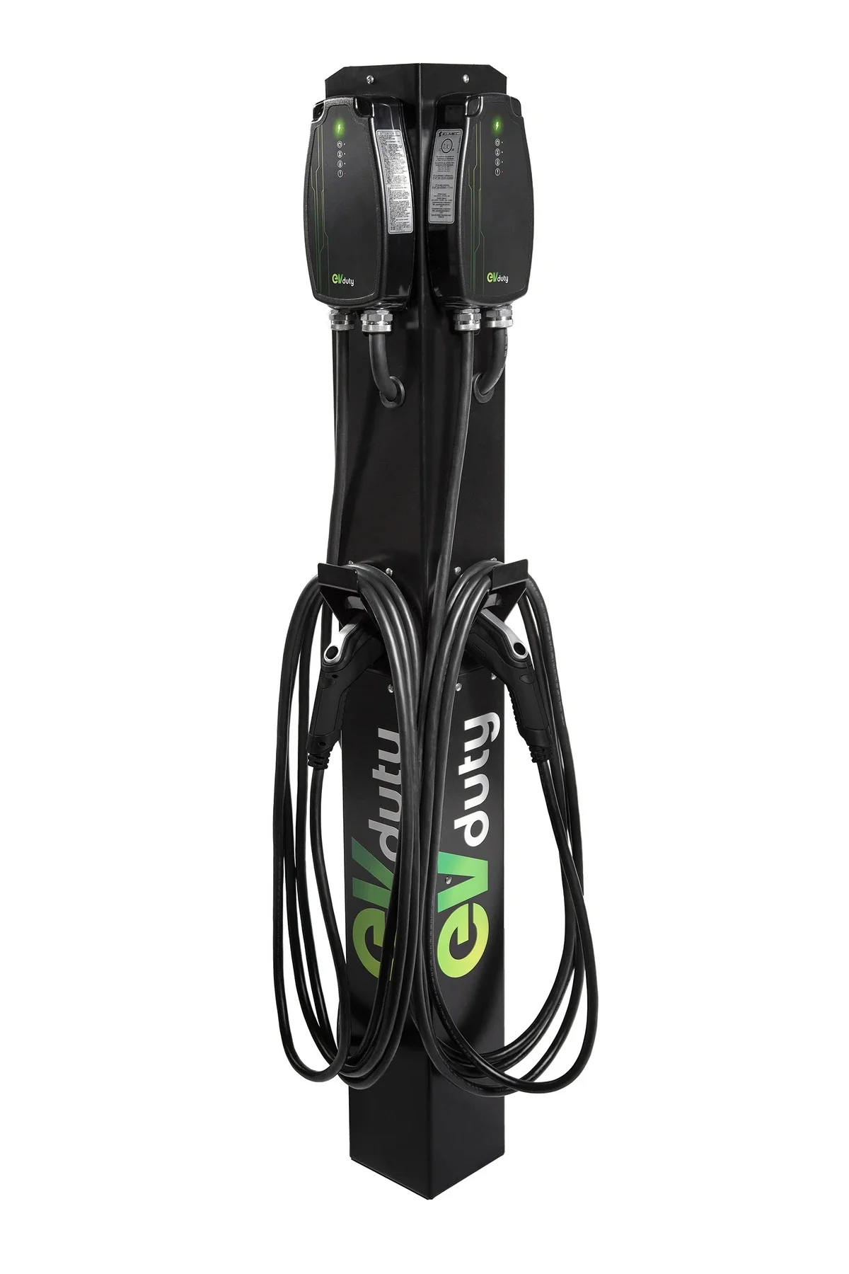 Une borne de recharge noire pour véhicule électrique avec deux câbles attachés.