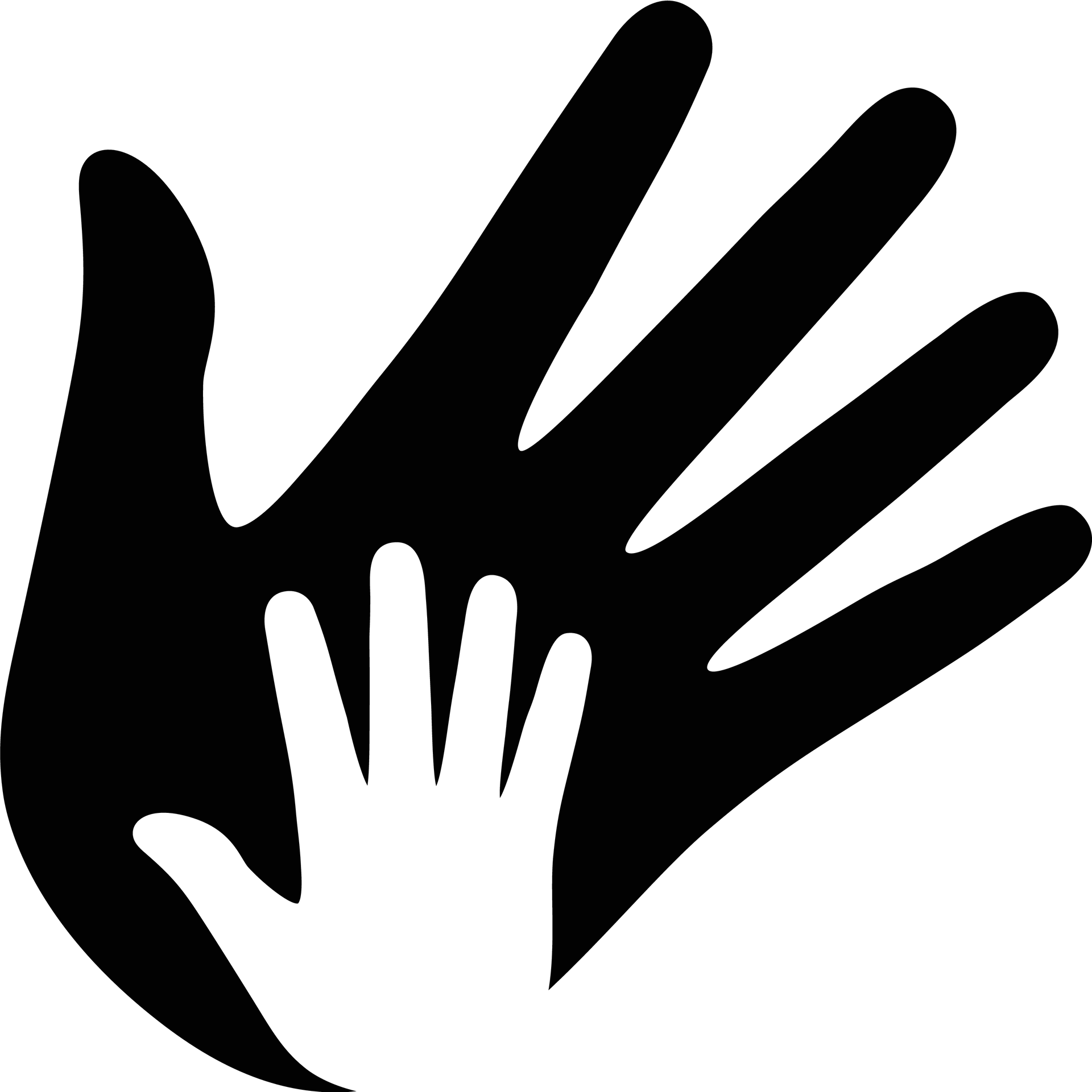 Una grande mano nera protegge una mano bianca più piccola, simbolo di cura e protezione.